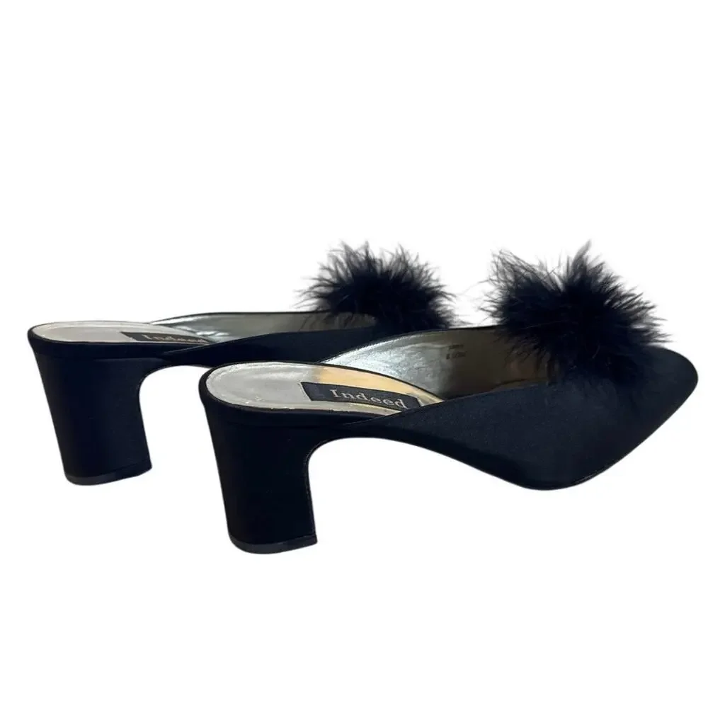 Women's Size 8.5 Vintage Indeed Black Mules with Black Puff Ball